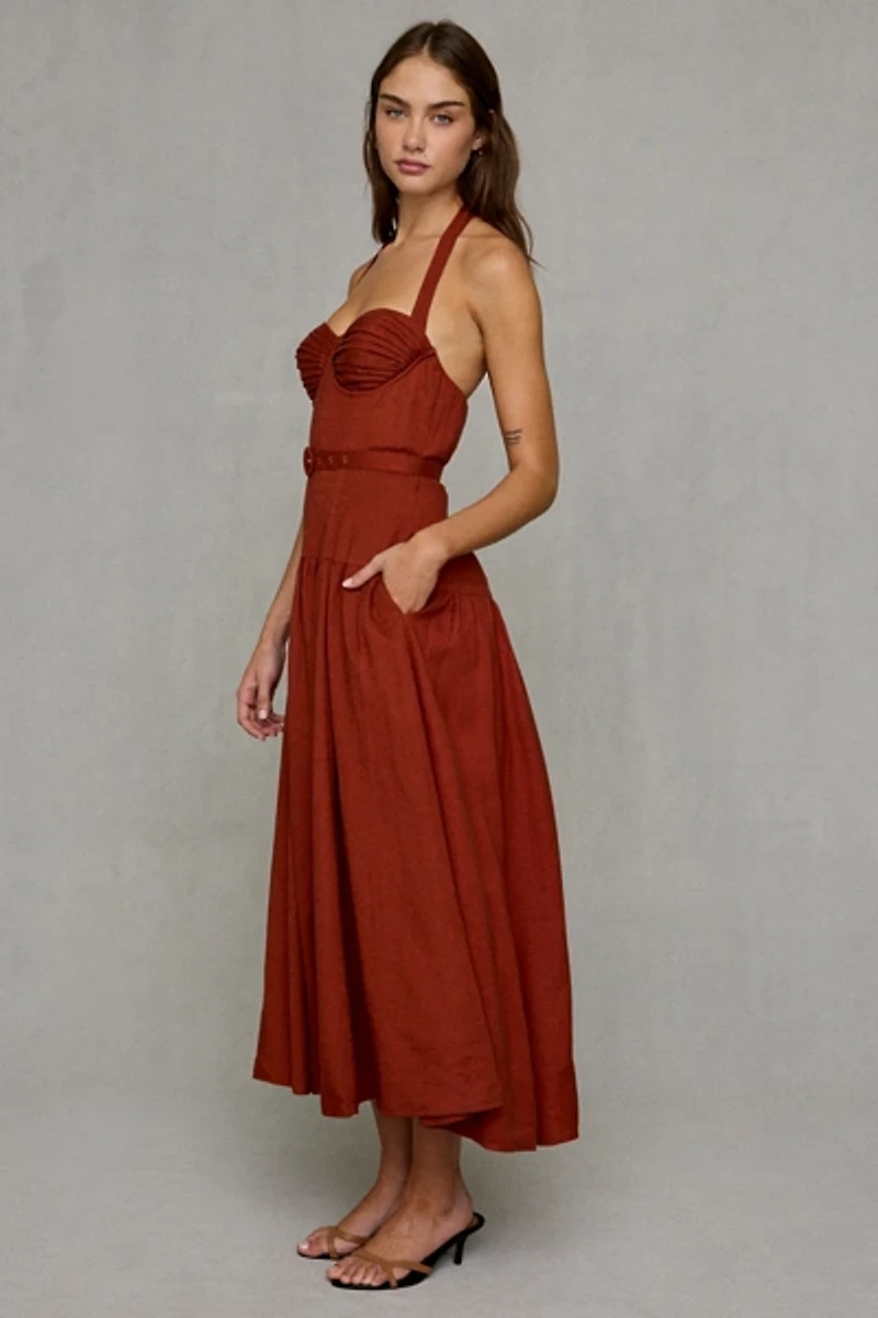 ASTR The Label Karinka Belted Drop Waist Halter Midi Dress