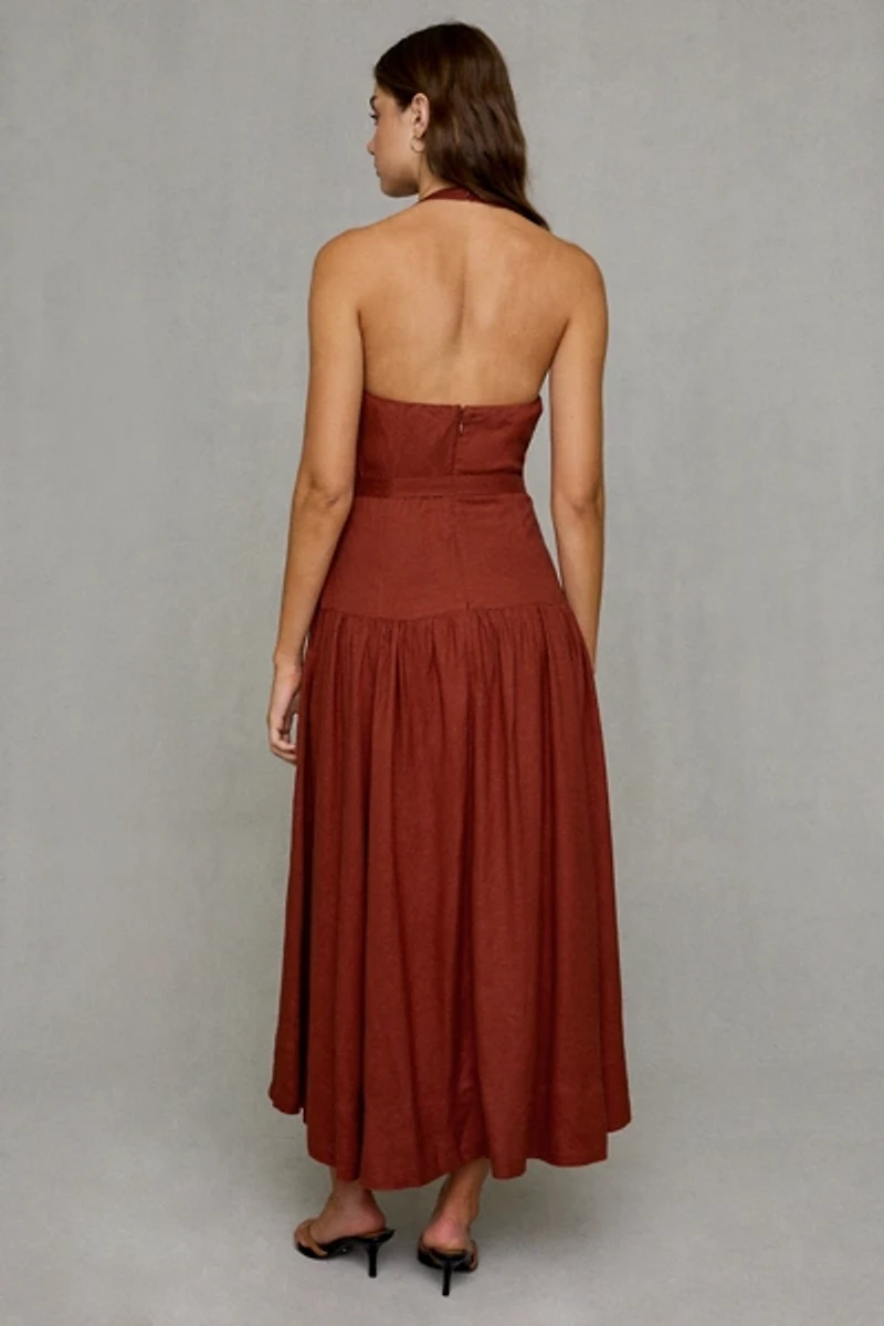 ASTR The Label Karinka Belted Drop Waist Halter Midi Dress
