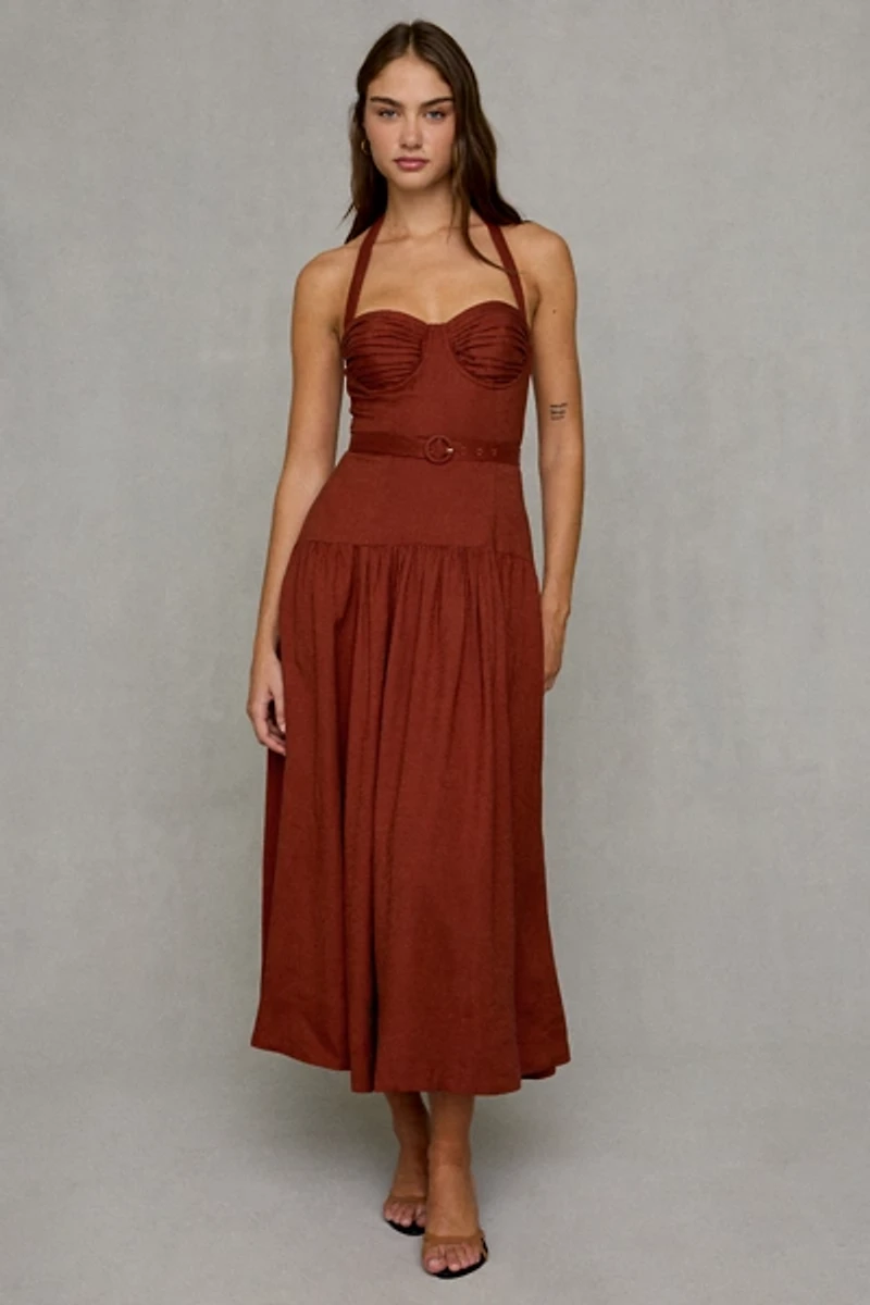 ASTR The Label Karinka Belted Drop Waist Halter Midi Dress