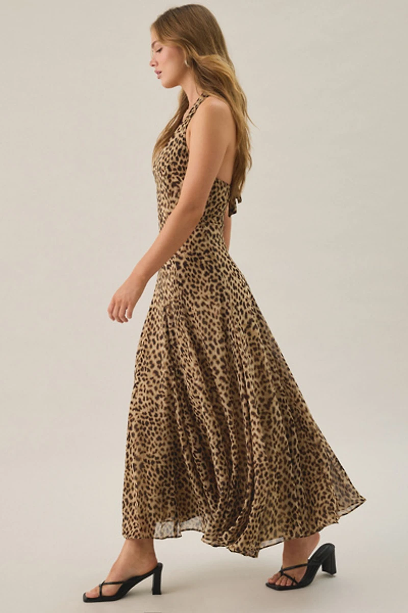 ASTR The Label Myra Cheetah Print Plunging V-Neck Halter Maxi Dress