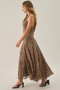 ASTR The Label Myra Cheetah Print Plunging V-Neck Halter Maxi Dress