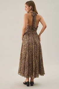 ASTR The Label Myra Cheetah Print Plunging V-Neck Halter Maxi Dress