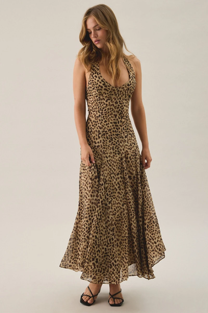 ASTR The Label Myra Cheetah Print Plunging V-Neck Halter Maxi Dress