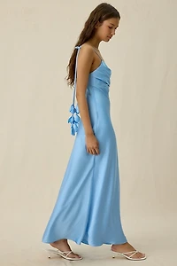 ASTR The Label Hera Floral Applique Tie-Strap Satin Maxi Dress
