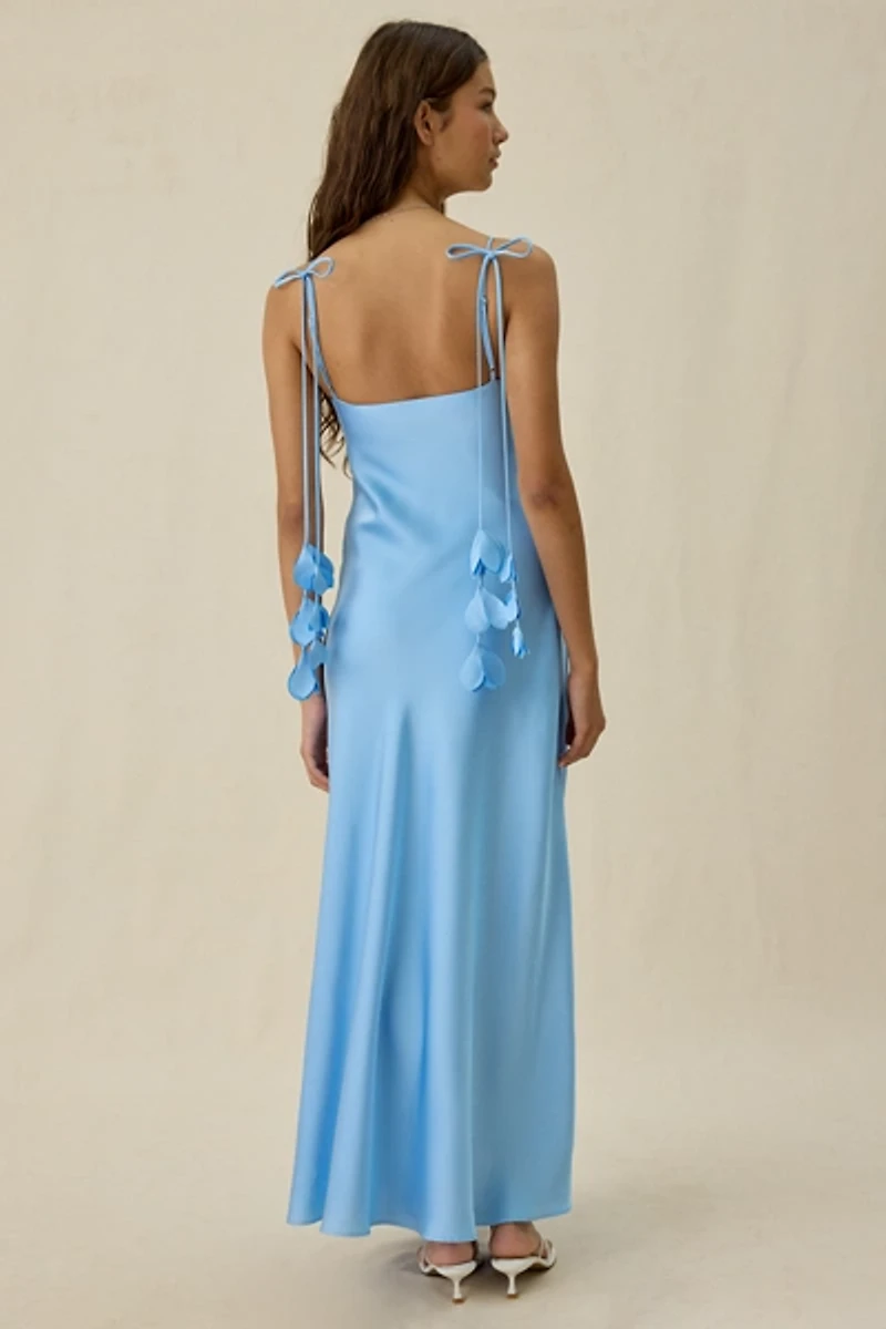 ASTR The Label Hera Floral Applique Tie-Strap Satin Maxi Dress
