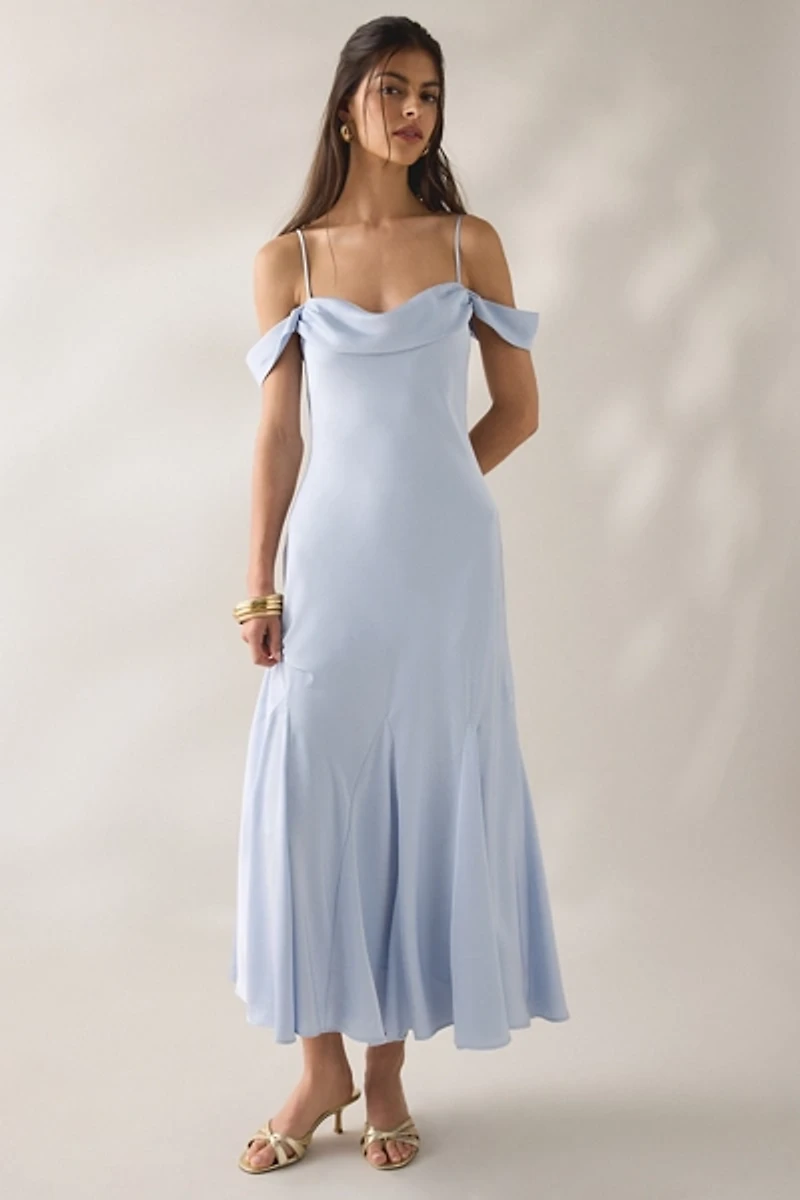 ASTR The Label Araxie Godet Off-The-Shoulder Satin Midi Dress