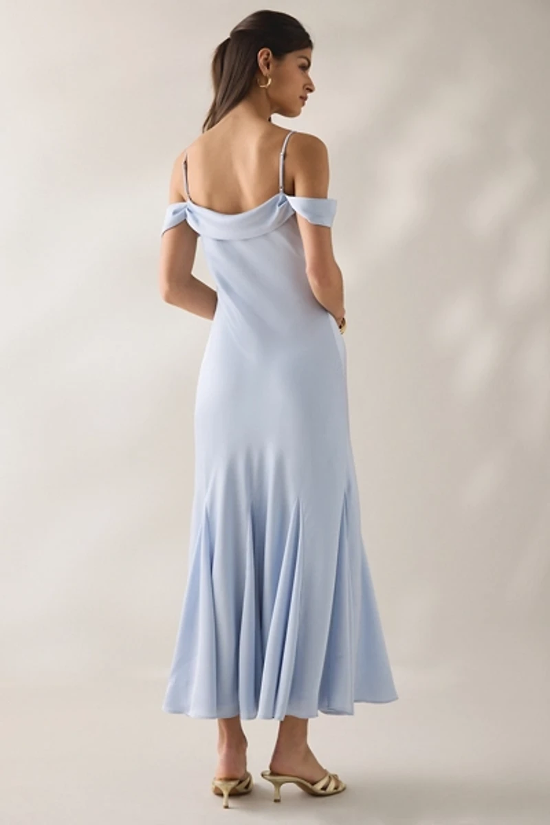ASTR The Label Araxie Godet Off-The-Shoulder Satin Midi Dress