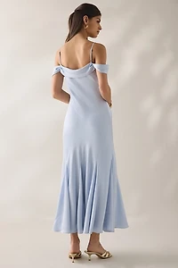 ASTR The Label Araxie Godet Off-The-Shoulder Satin Midi Dress