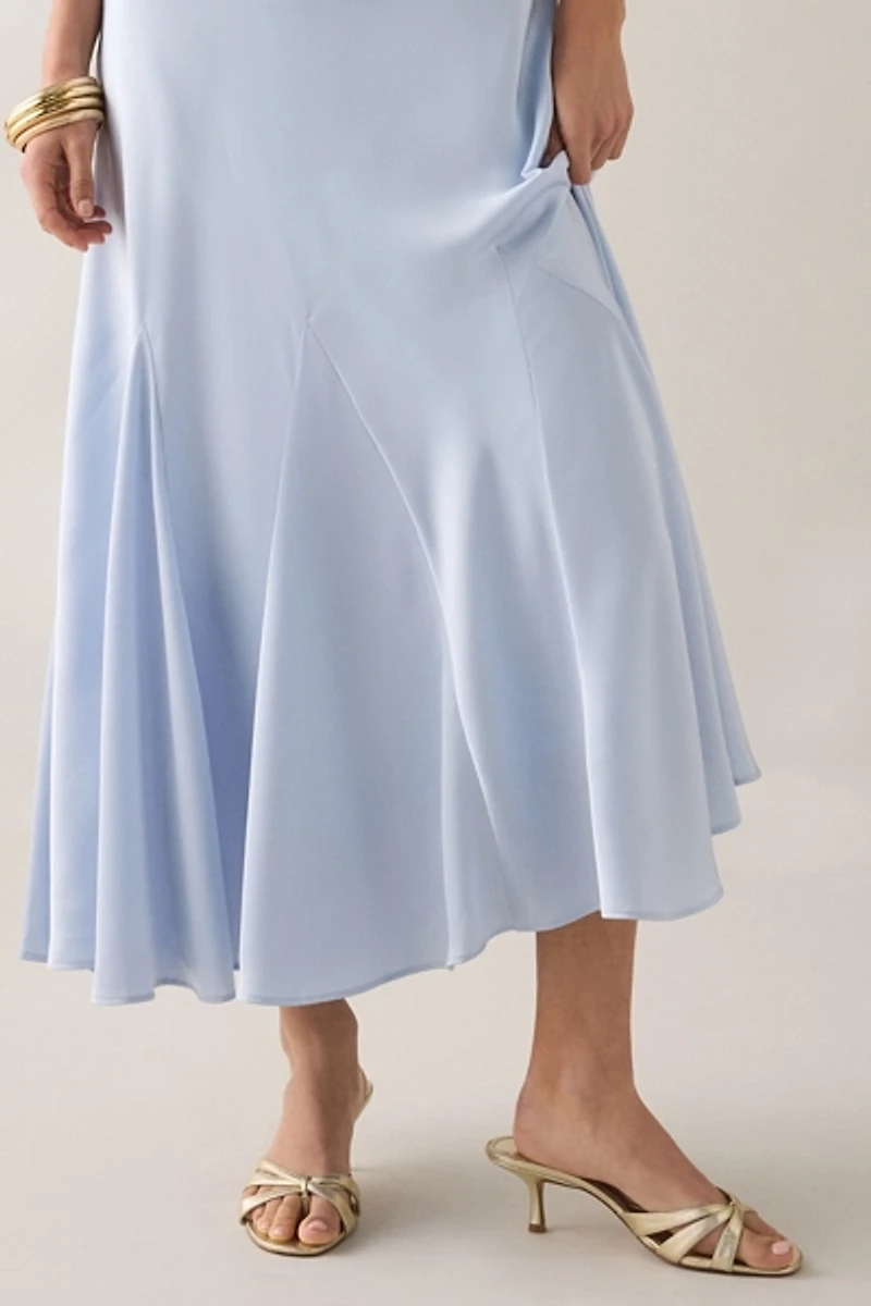 ASTR The Label Araxie Godet Off-The-Shoulder Satin Midi Dress