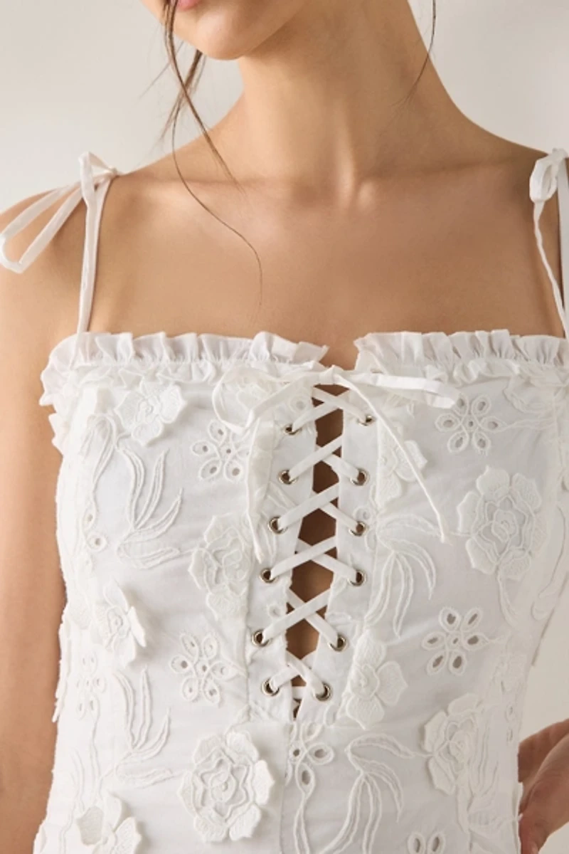 ASTR The Label Breanna Eyelet Floral Applique Corset Mini Dress