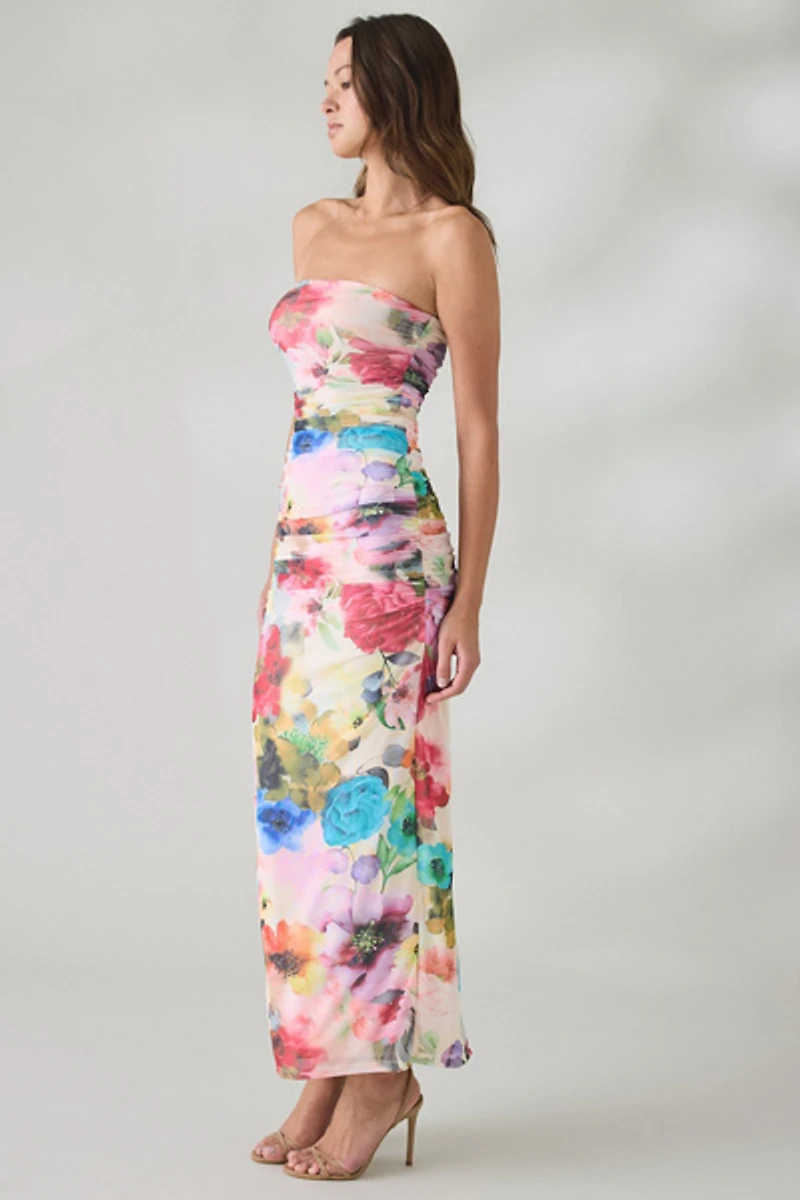AFRM Marlo Watercolor Blossom Mesh Strapless Maxi Dress