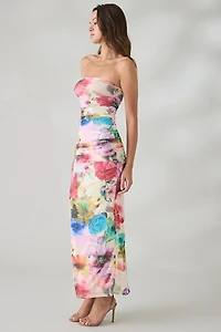 AFRM Marlo Watercolor Blossom Mesh Strapless Maxi Dress