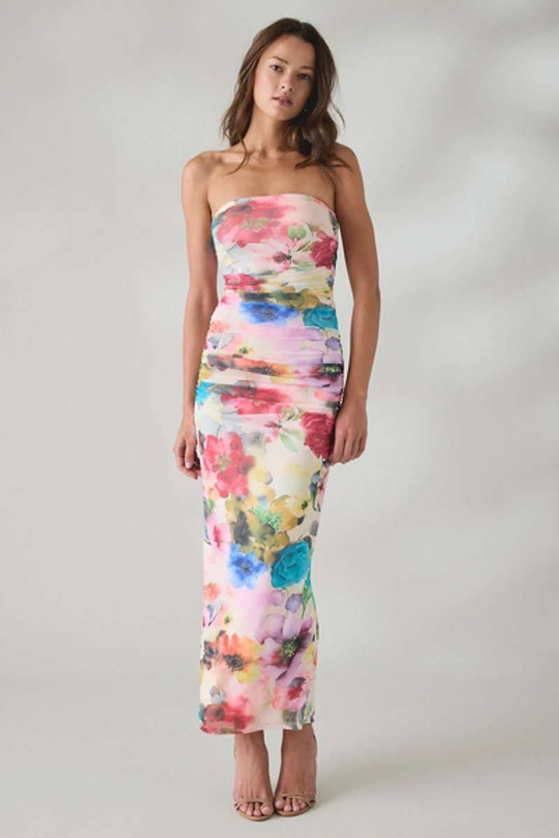 AFRM Marlo Watercolor Blossom Mesh Strapless Maxi Dress