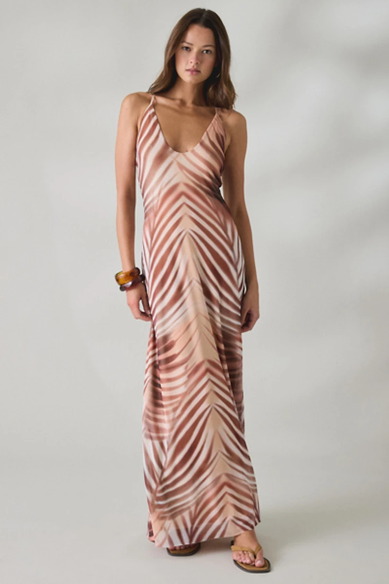 AFRM Romy Kissing Palms Mesh Crisscross Strap Maxi Dress