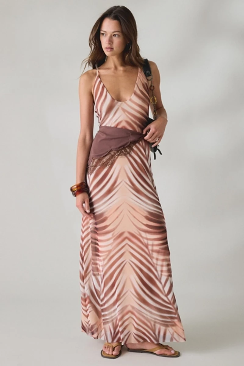 AFRM Romy Kissing Palms Mesh Crisscross Strap Maxi Dress