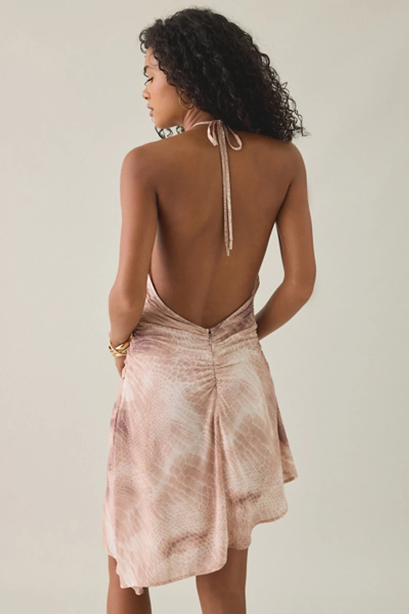 AFRM Sabrina Sand Snake Chiffon Asymmetric Halter Mini Dress