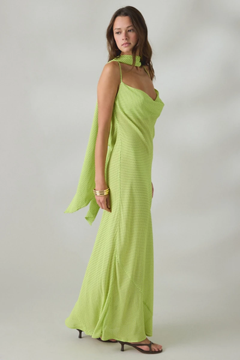 AFRM Cheryl Lime Pin Dot Scarf Detail Open-Back Maxi Dress