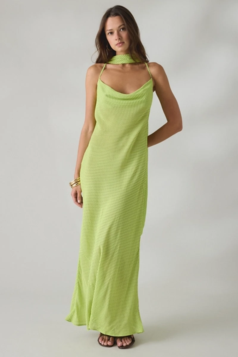 AFRM Cheryl Lime Pin Dot Scarf Detail Open-Back Maxi Dress
