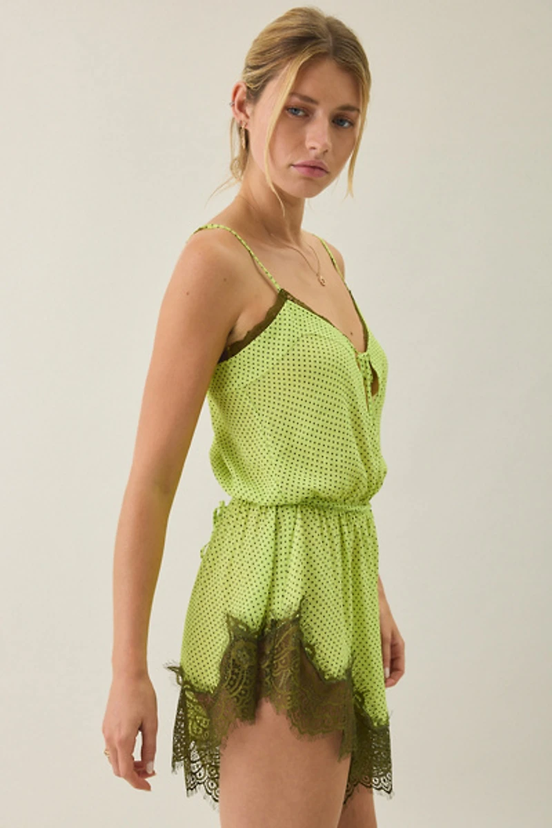 AFRM Buckley Lime Dot Lace Trim Romper