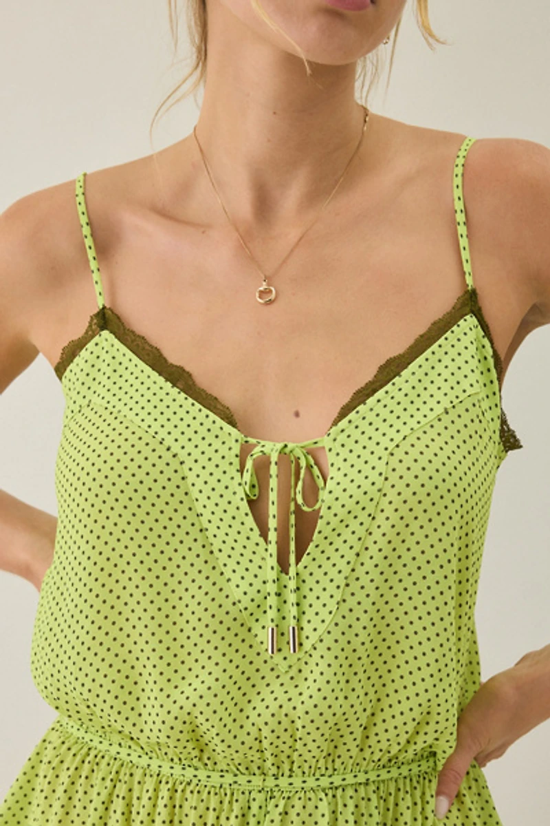 AFRM Buckley Lime Dot Lace Trim Romper