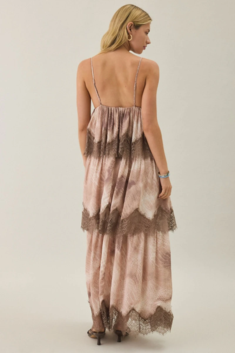 AFRM Murray Dune Snake Tiered Lace Trim Maxi Dress