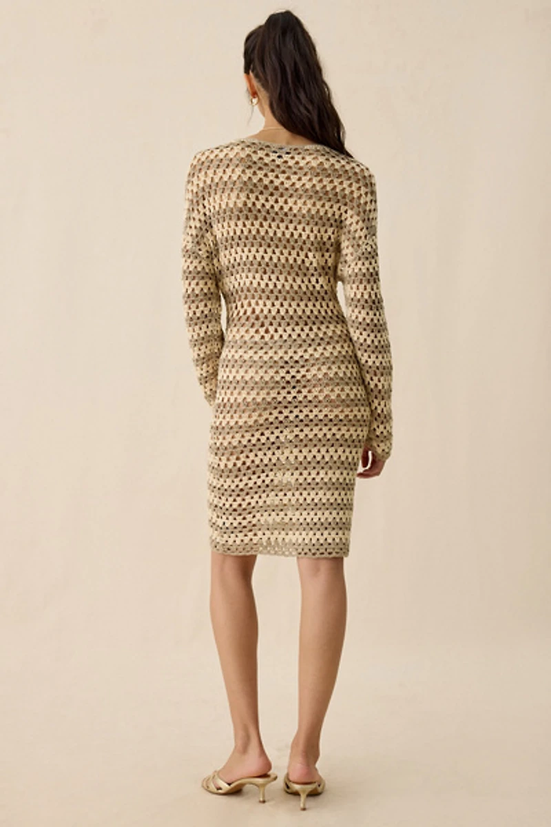 AFRM Samantha Dune Stripe Long Sleeve Crochet Mini Dress