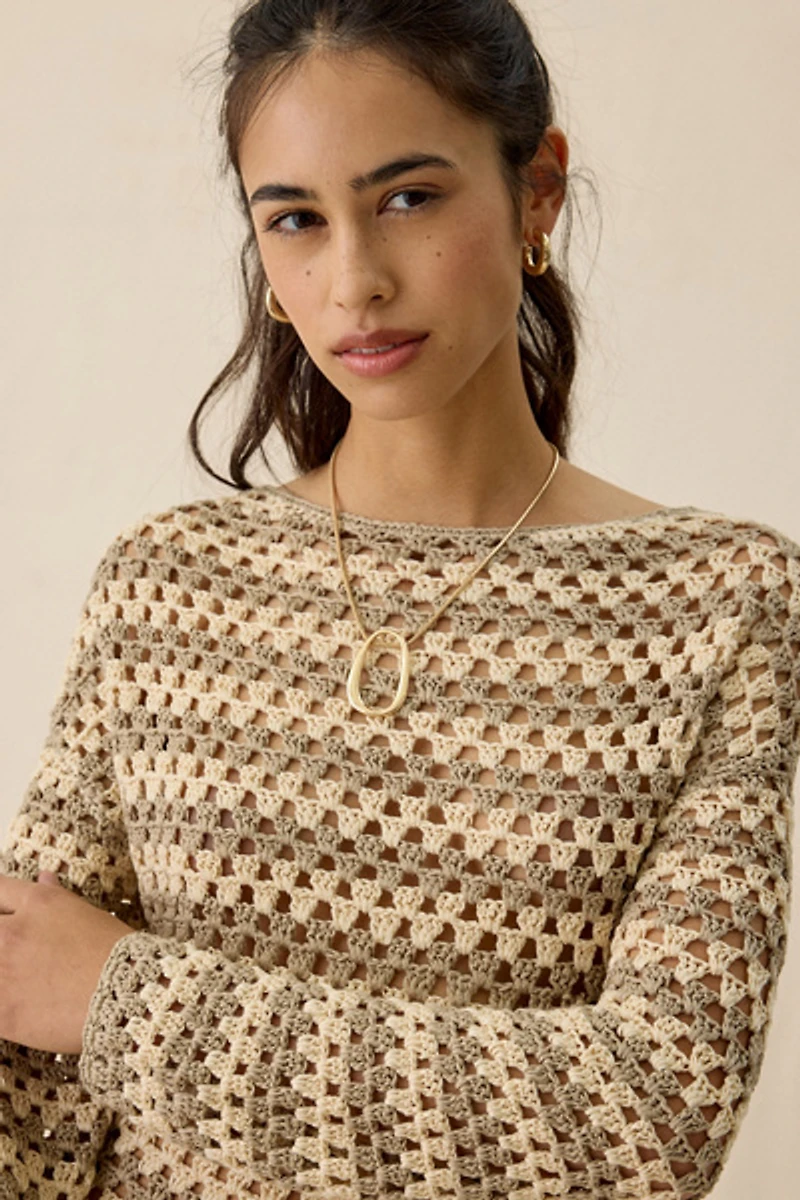AFRM Samantha Dune Stripe Long Sleeve Crochet Mini Dress