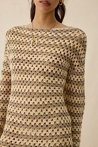AFRM Samantha Dune Stripe Long Sleeve Crochet Mini Dress