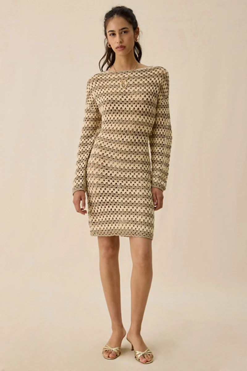 AFRM Samantha Dune Stripe Long Sleeve Crochet Mini Dress