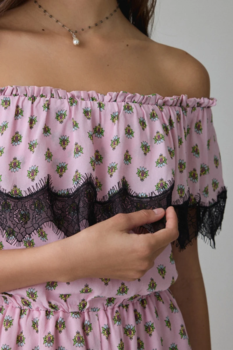 AFRM Emun Lace Trim Ruffle Off-The-Shoulder Romper