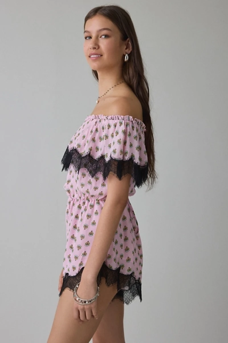 AFRM Emun Lace Trim Ruffle Off-The-Shoulder Romper
