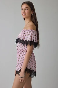 AFRM Emun Lace Trim Ruffle Off-The-Shoulder Romper