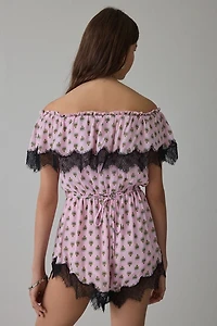 AFRM Emun Lace Trim Ruffle Off-The-Shoulder Romper