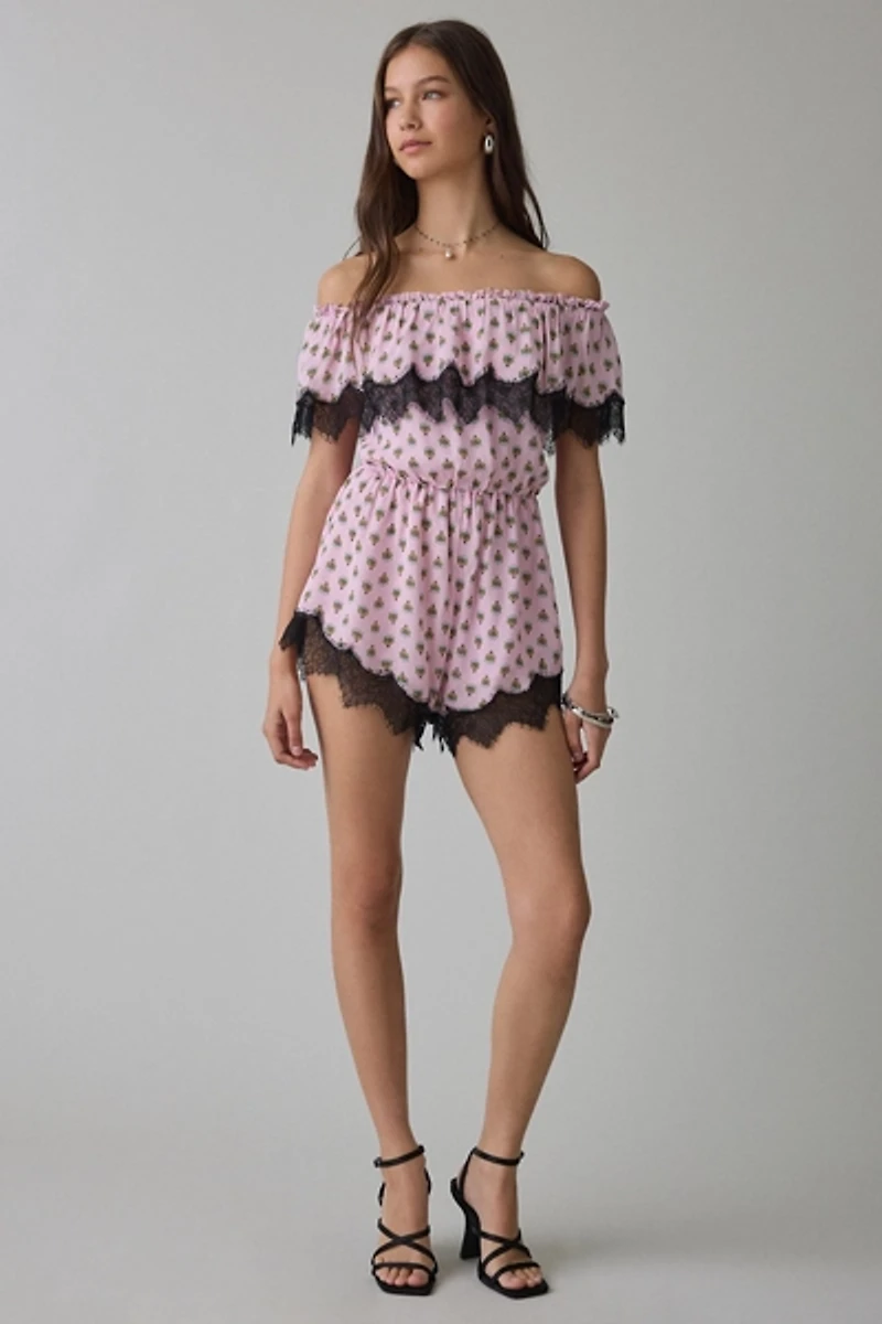 AFRM Emun Lace Trim Ruffle Off-The-Shoulder Romper