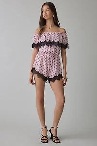 AFRM Emun Lace Trim Ruffle Off-The-Shoulder Romper