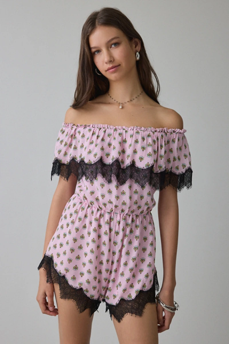 AFRM Emun Lace Trim Ruffle Off-The-Shoulder Romper