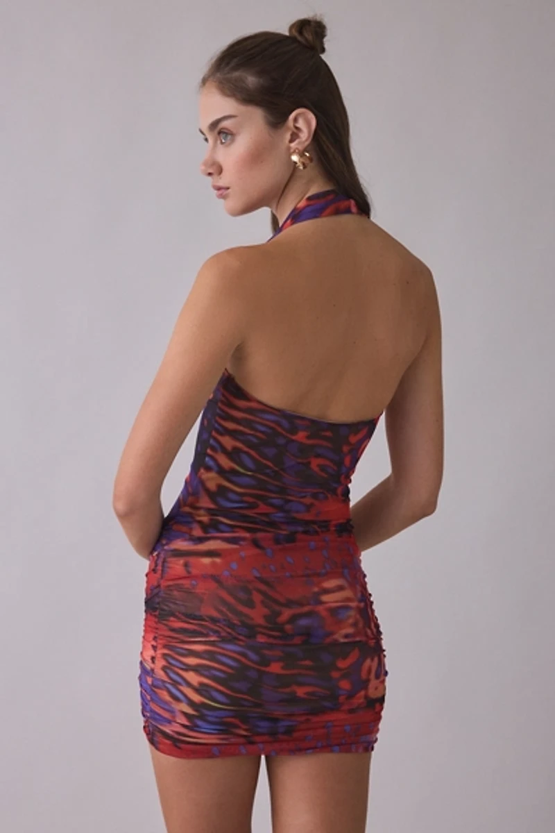 AFRM Andover Cobalt Scale Ruched Bodycon Halter Mini Dress