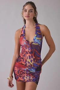 AFRM Andover Cobalt Scale Ruched Bodycon Halter Mini Dress