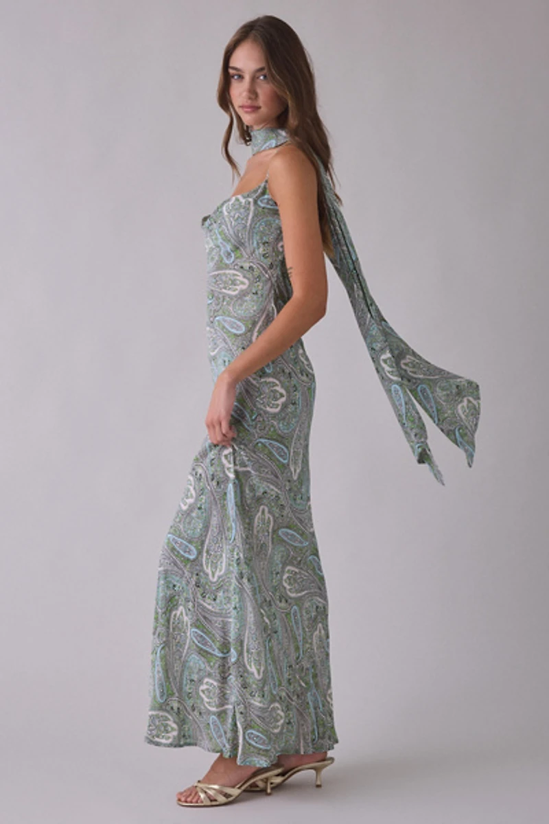 AFRM Cheryl Aqua Paisley Scarf Detail Open-Back Maxi Dress