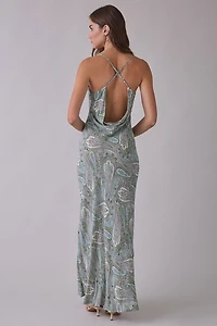 AFRM Cheryl Aqua Paisley Scarf Detail Open-Back Maxi Dress