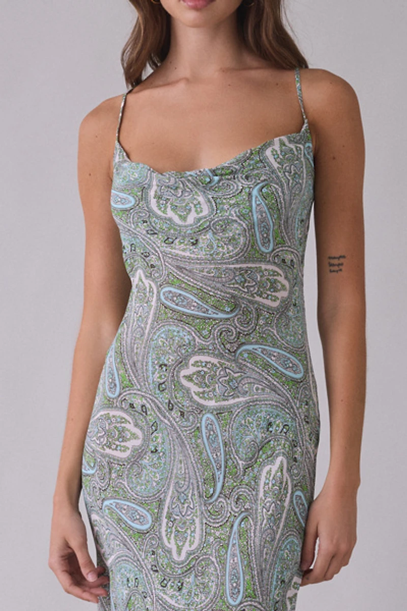 AFRM Cheryl Aqua Paisley Scarf Detail Open-Back Maxi Dress