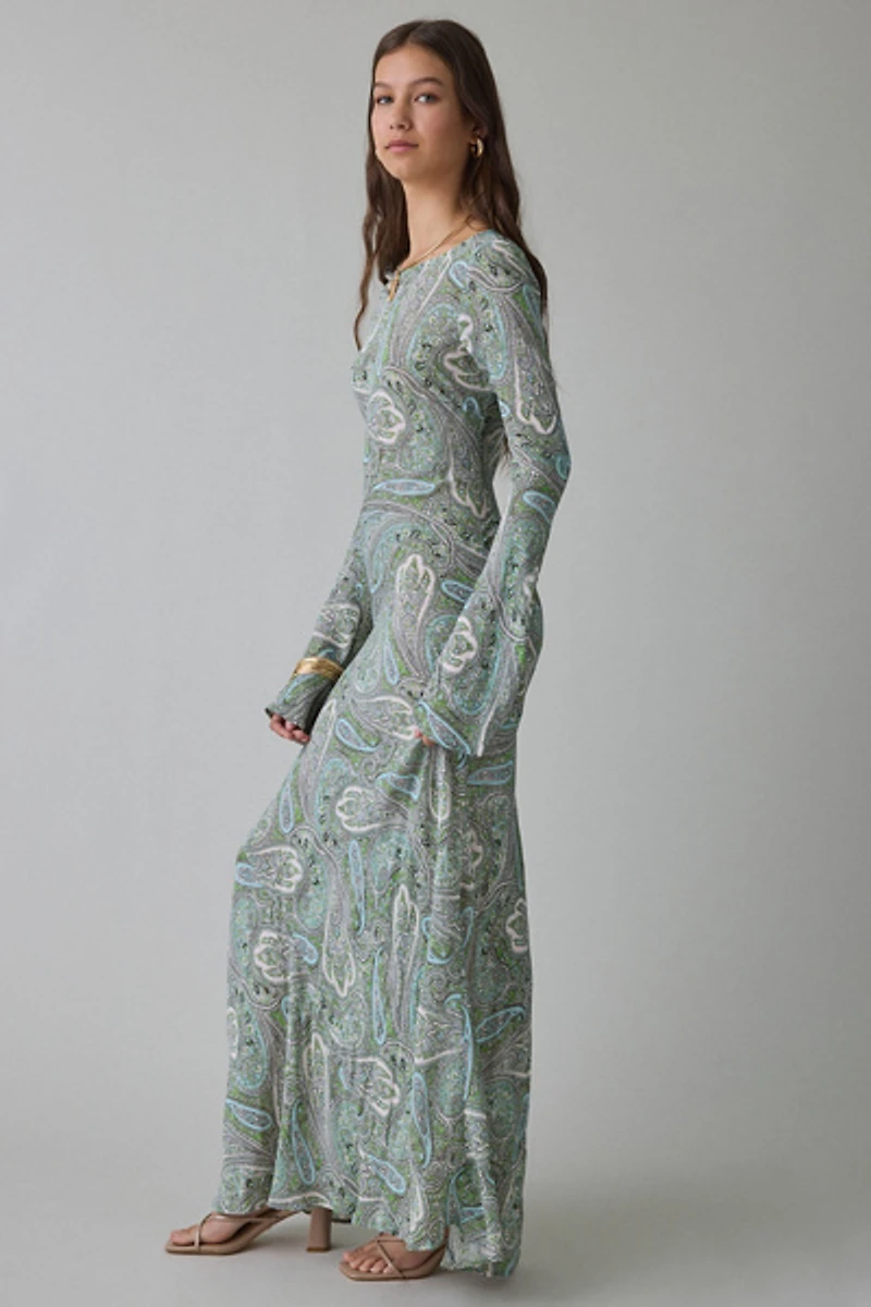 AFRM Jetta Aqua Paisley Mesh Long Sleeve Maxi Dress