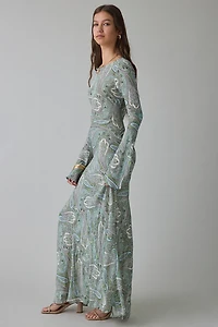 AFRM Jetta Aqua Paisley Mesh Long Sleeve Maxi Dress