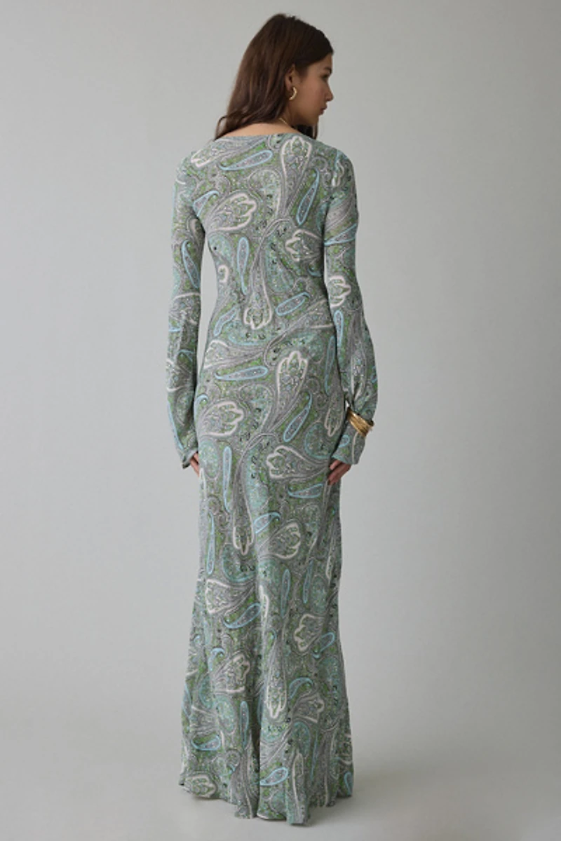 AFRM Jetta Aqua Paisley Mesh Long Sleeve Maxi Dress