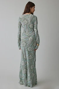 AFRM Jetta Aqua Paisley Mesh Long Sleeve Maxi Dress
