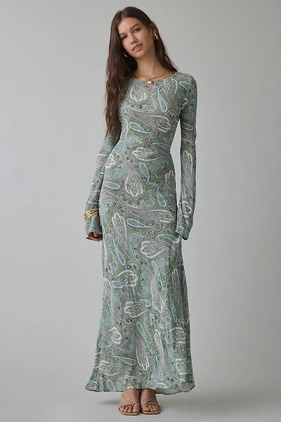 AFRM Jetta Aqua Paisley Mesh Long Sleeve Maxi Dress