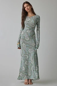 AFRM Jetta Aqua Paisley Mesh Long Sleeve Maxi Dress
