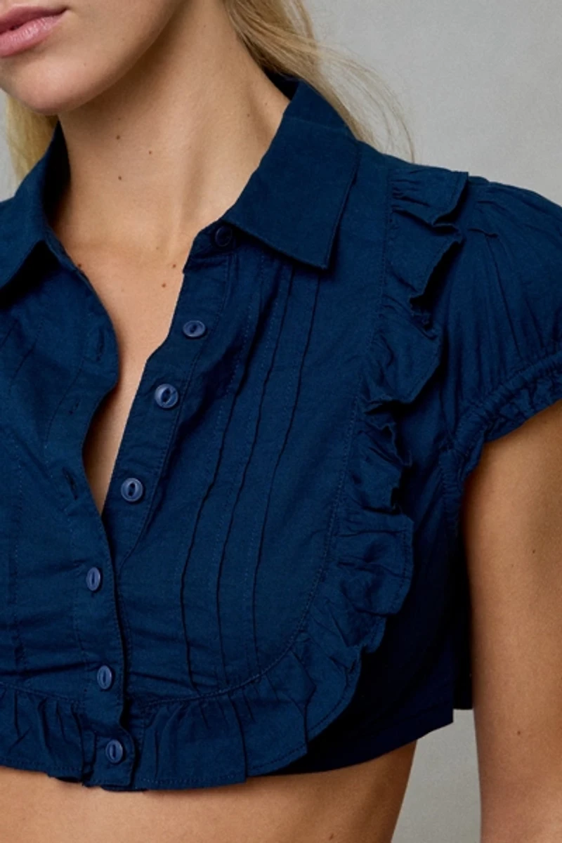 Kimchi Blue Bella Cropped Short Sleeve Button-Down Blouse