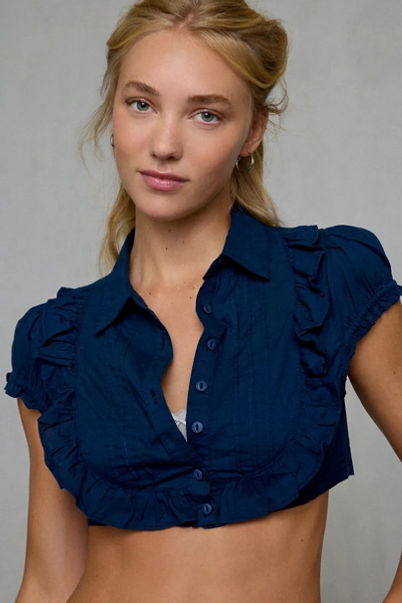 Kimchi Blue Bella Cropped Short Sleeve Button-Down Blouse