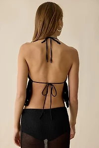UO Quinn Studded Embroidered Split-Front Flyaway Halter Top